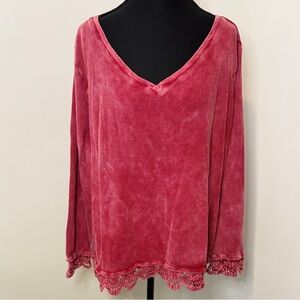 Soft Surroundings Red Lace Hem Long Sleeve Top